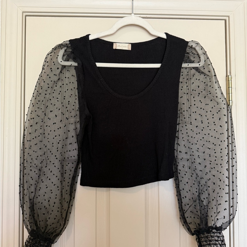 Altar'd State Black Crop Blouse with Sheer Polka Dot Sleeve